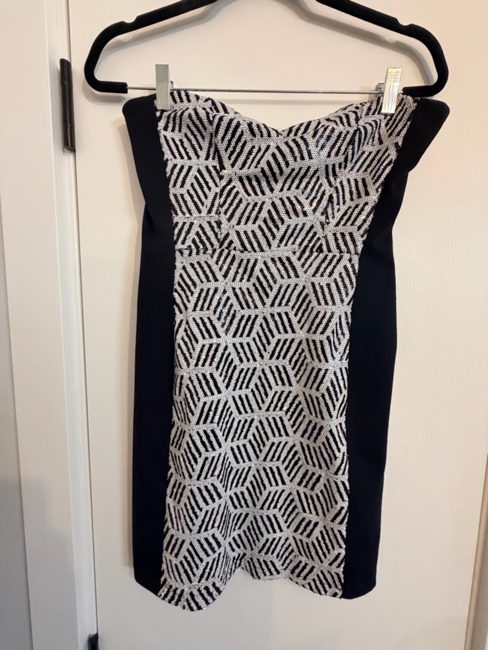Black & White Mini Geometric Strapless Sequin Dress